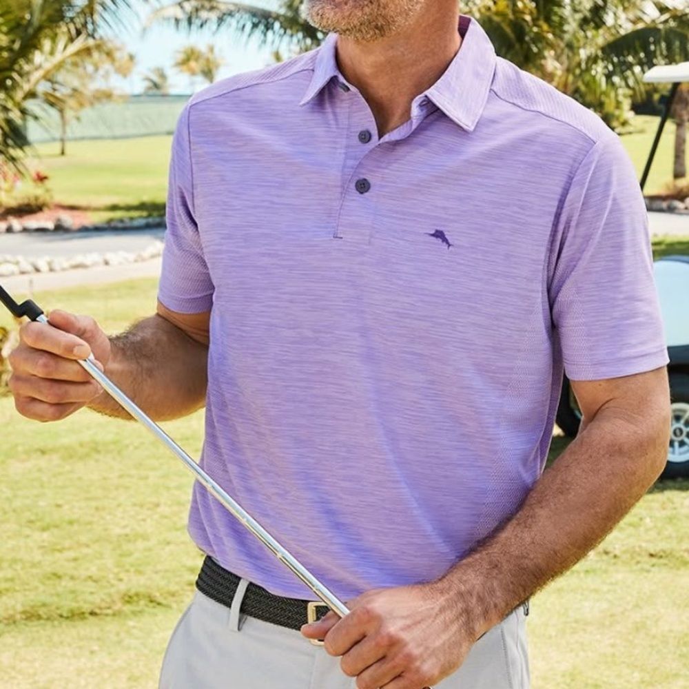 Men’s Tommy Bahama Lilac Purple Short Sleeve Mesh Accent Polo Shirt Size Large